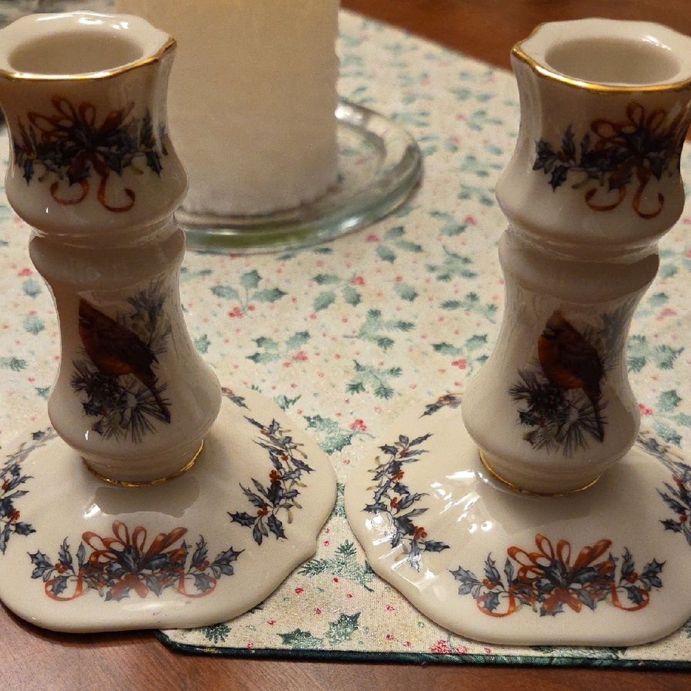 Lenox Cream Candle Holders with Christmas Bird Motif